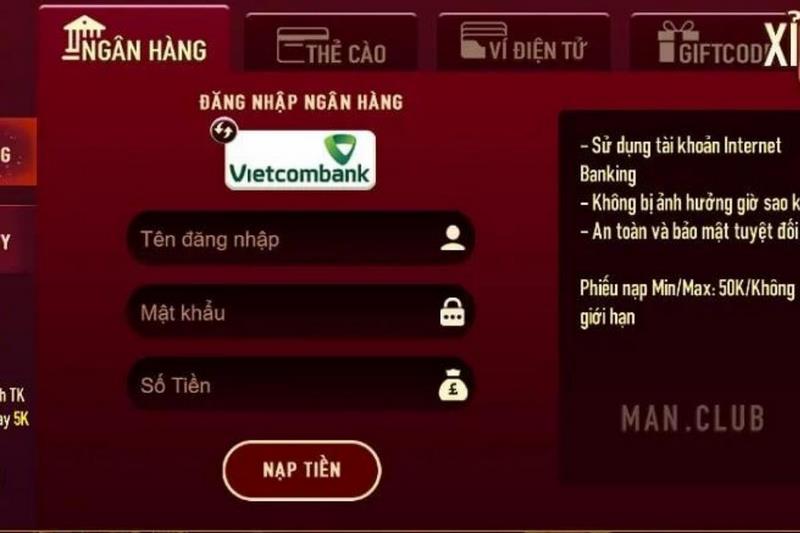 Nạp tiền Manclub bằng phương thức tài khoản ngân hàng cực kỳ đơn giản
