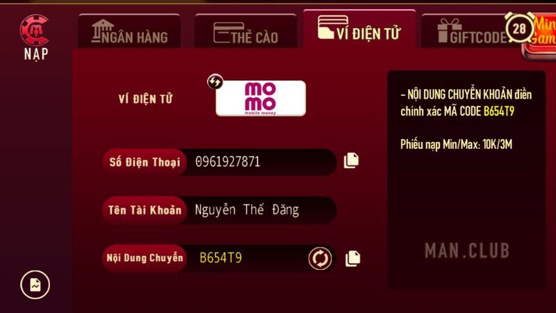 Các thông tin cần điền khi nạp tiền Manclub bằng MoMo